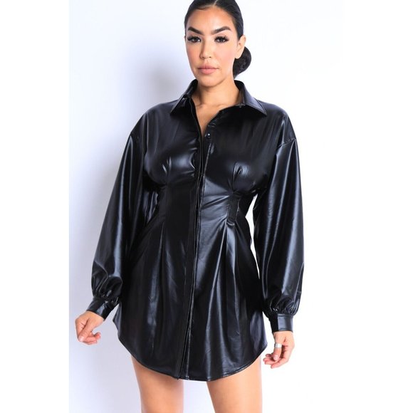 Women's PU Faux Leather Tuck Long Sleeves Button Down Mini Shirt Dress Top S M L - Picture 8 of 8